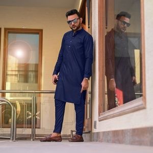 Men's Navy Blue Slim Fit Kurta w/ Pants